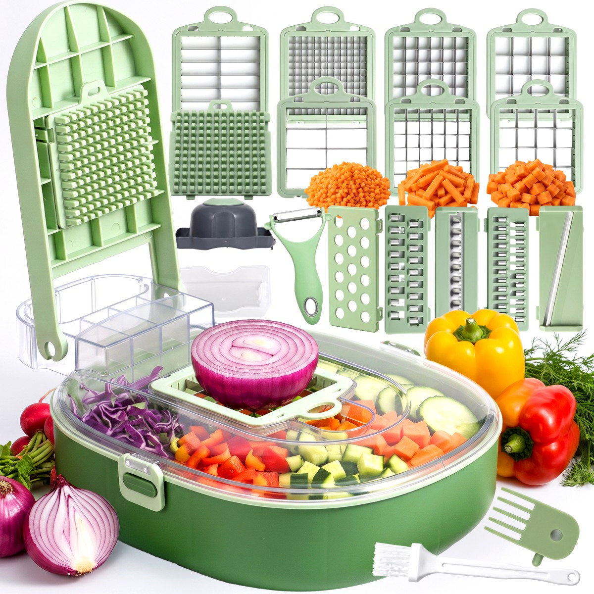 TEMU TAGLIAVERDURE MULTIFUNZIONE MANUALE 20 PEZZI CON CONTENITORE, TAGLIAVERDURE A , AFFETTAVERDURE E MANDOLINA PER VERDURE, 3 LAME IN ACCIAIO