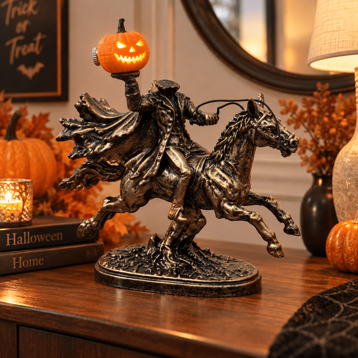 Image of Horseman Statue With Pumpkin, Gothic-style Pumpkin Rider On Horseback, Tabletop Decoration For Home, Shelf, Fireplace, Entryway, And Halloween Party