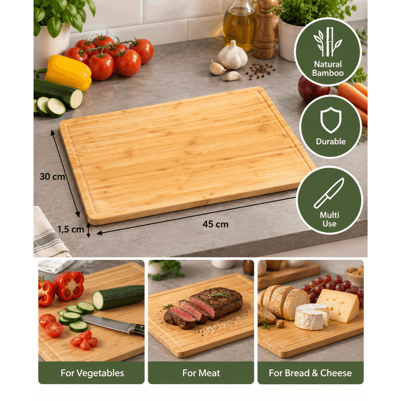 Image of Bamboo Cutting Board 45 X 30 Cm – Large Rectangular Board For Kitchen, Meat, Vegetables, Fruits, Bread, And Cheese