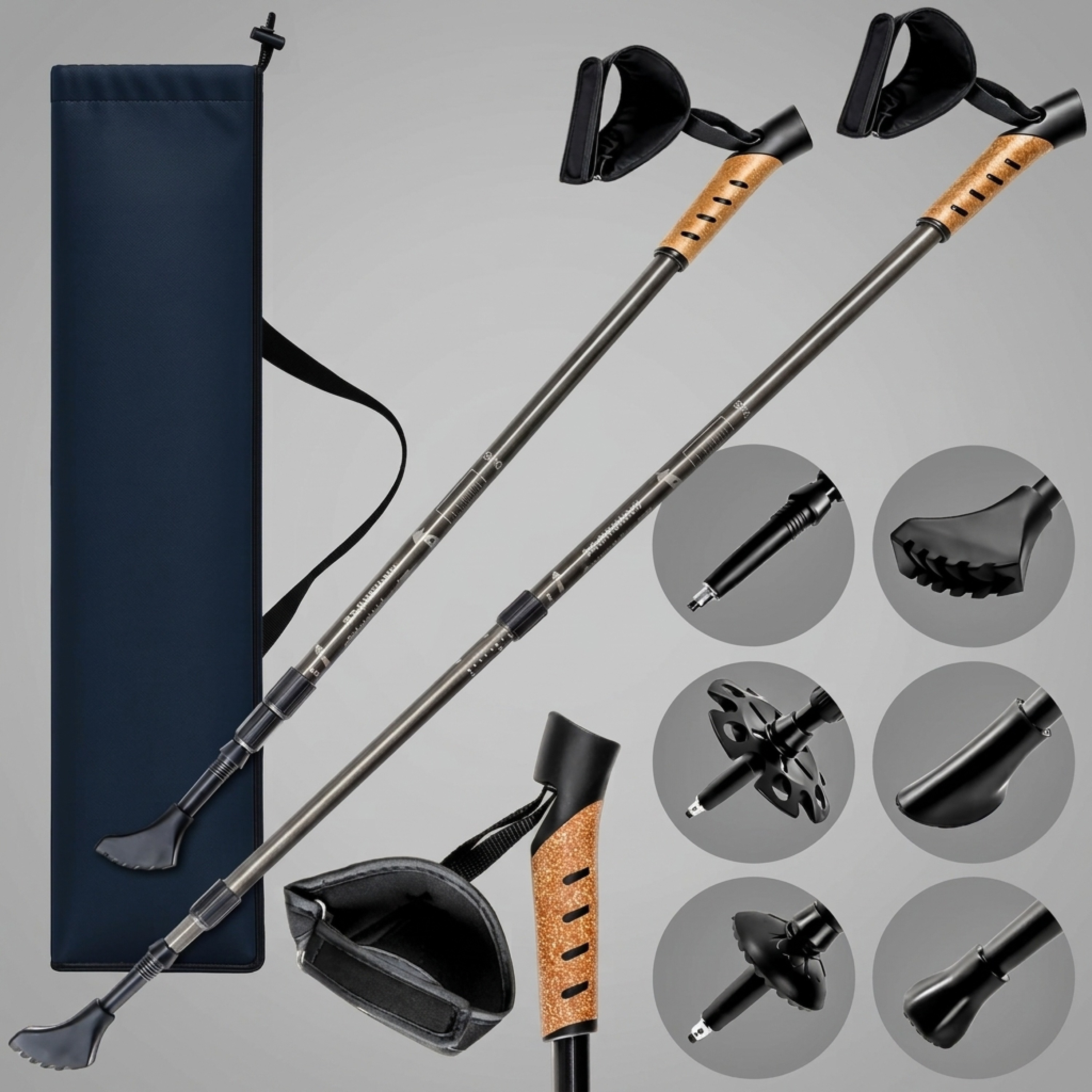 Image of Telescopic Walking Stick Tips With Rubber Pads, Adjustable Nordic Walking Poles 68-135cm, Shock Absorbing, Lightweight Aluminum Cork, For Men And Women, Trekking Poles