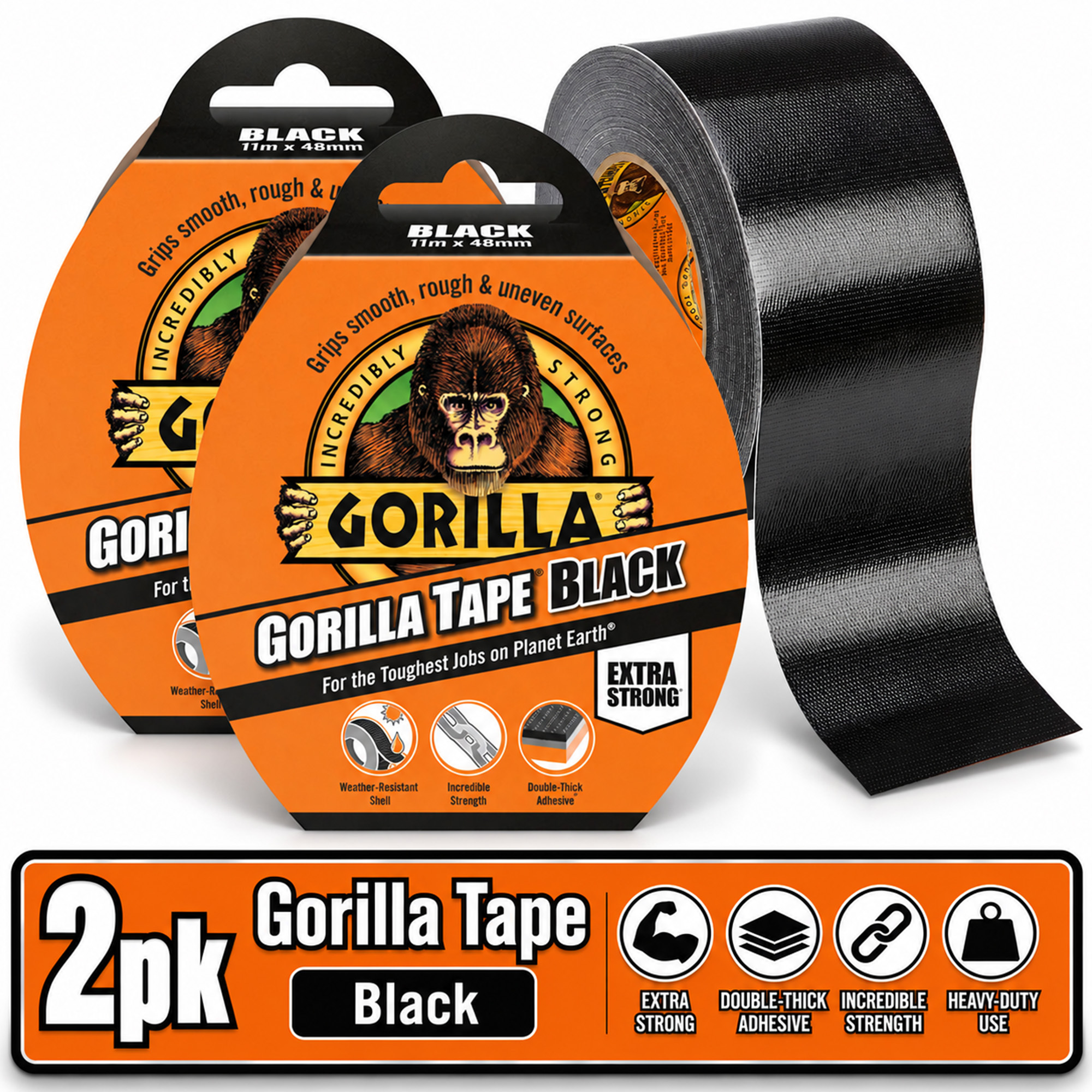 TEMU Black 2 Pack 11m X 48mm | Heavy Duty Tape For Tough Repairs | Strong Adhesive Tape With Reinforced Backing | Thick Diy Tape For Home, Garage,
