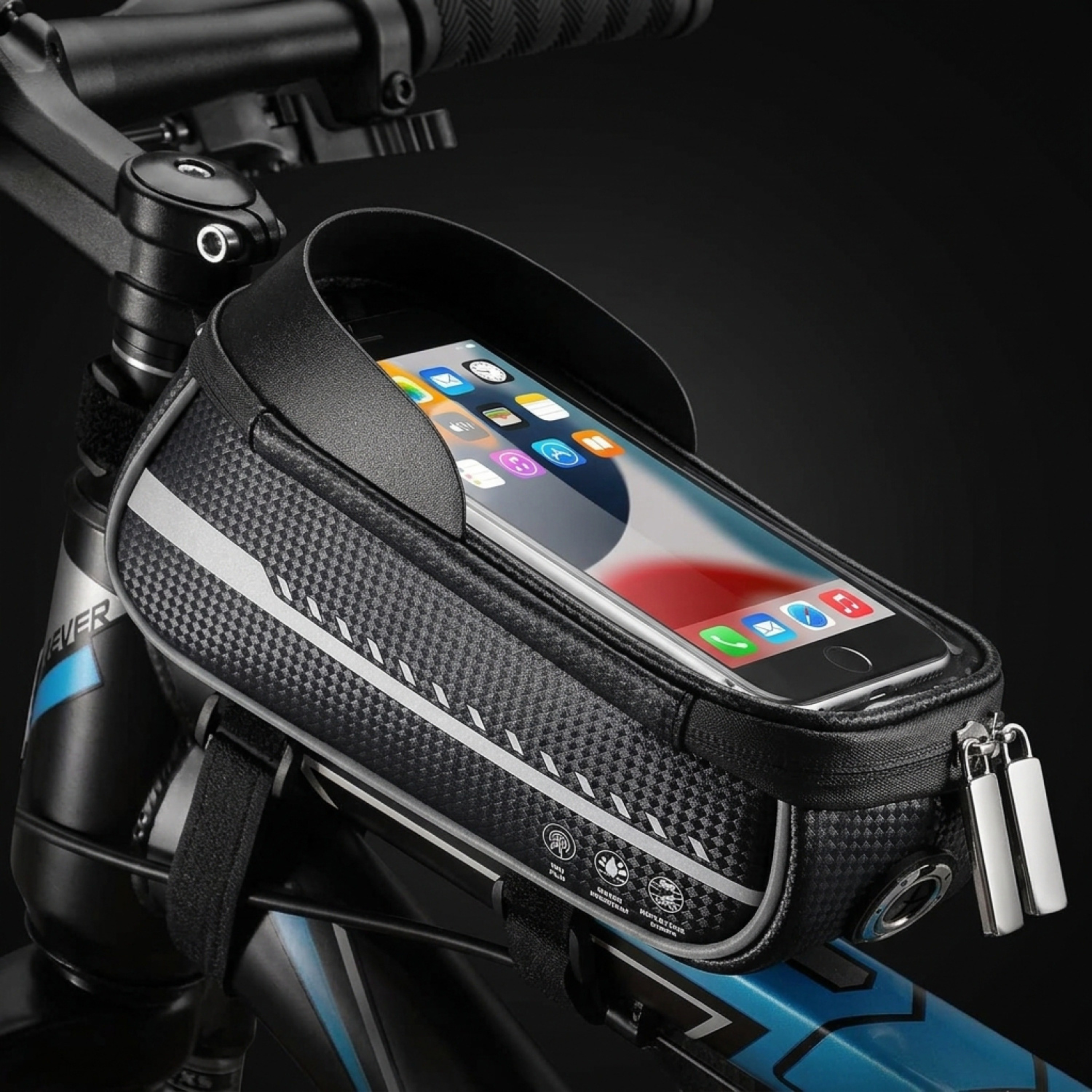 Image of Bicycle Frame Bag Waterproof Reflective Removable Black Gray Tpu Touchscreen Phone Holder Up To 6.8 Inches Frame Handlebar Bag