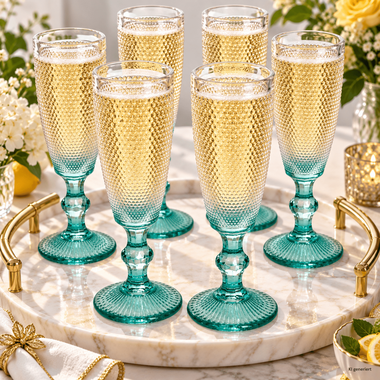 Image of 6pcs Set Of Emerald Green Flutes, 150 Ml, Glass With Bowl And For Sparkling Wine, Prosecco, , Party, Wedding & Banquet, Flute, Bowl.