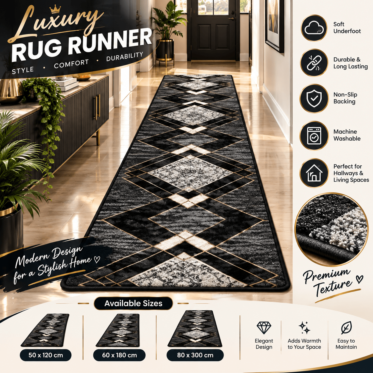 TEMU [nordic Style Velvet Runner Rug] European Soft Decorative Rug - 1pc Soft Machine Washable, Indoor/outdoor Use For Hallway, Kitchen, Laundry Room