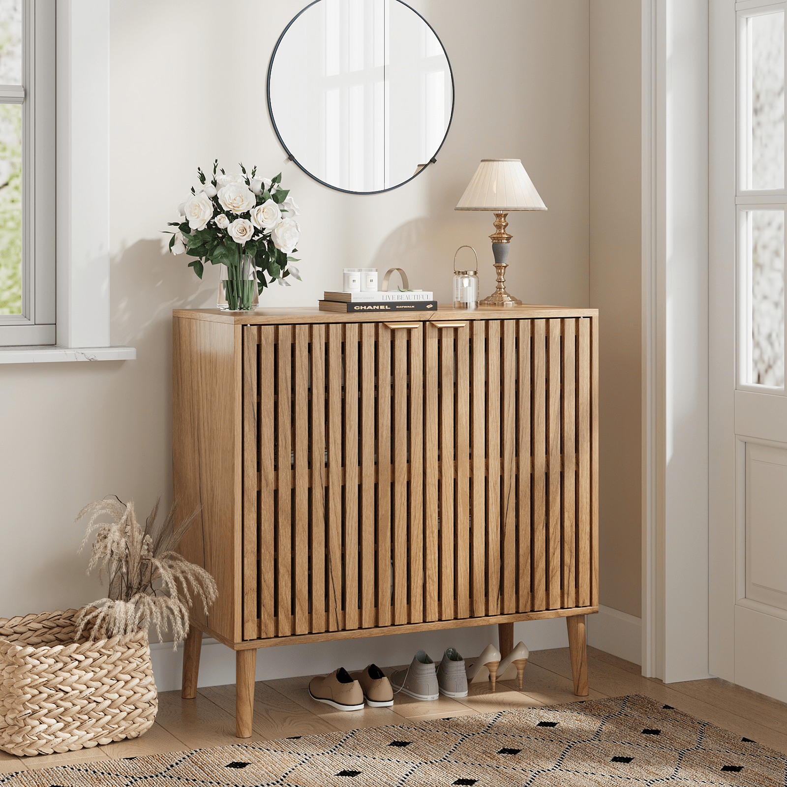 Image of Shoe Cabinet Optics With Louvered Doors & Height-adjustable Floors, For Up To 20 Pairs Of Shoes, Hallway & Entrance.
