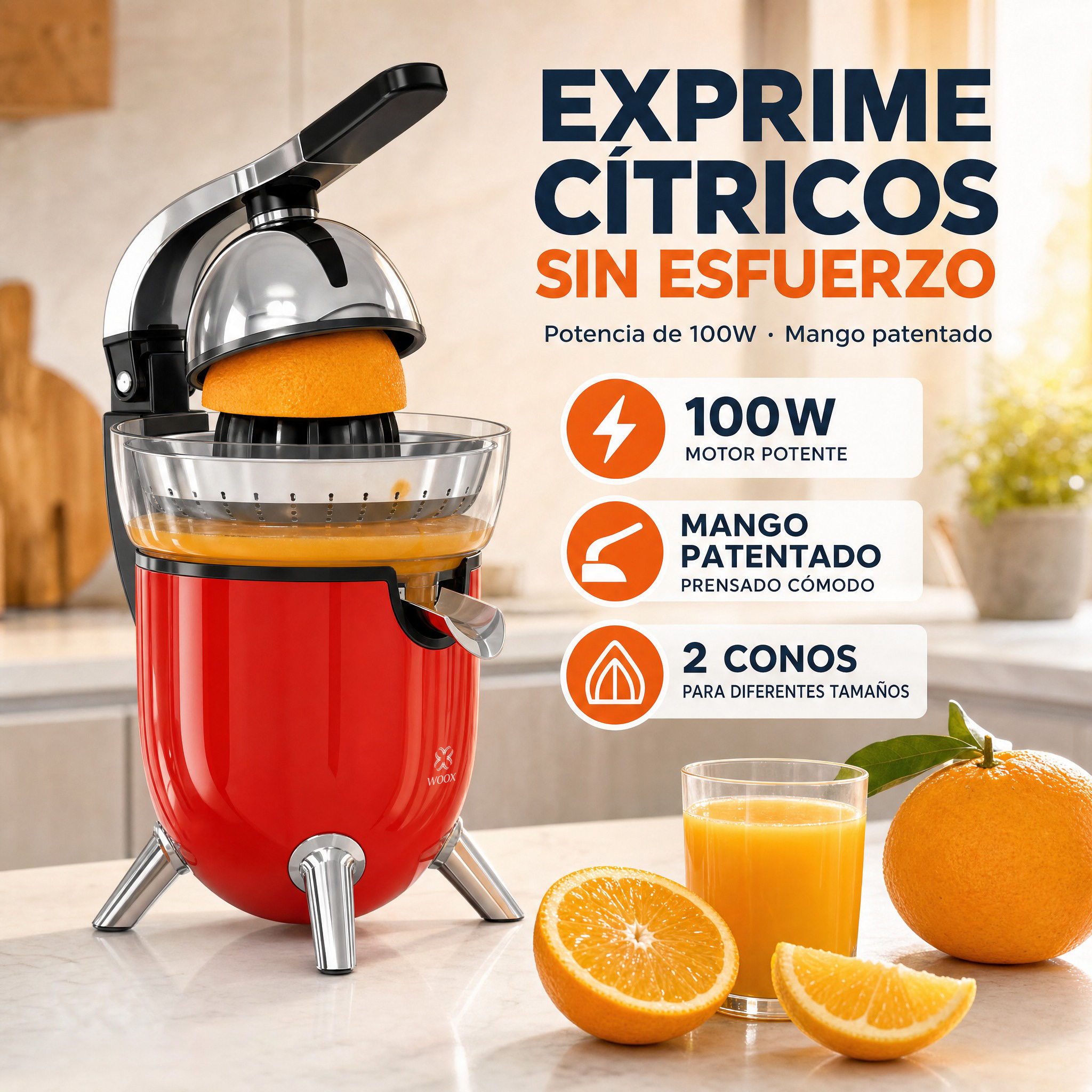 TEMU Exprimidor Eléctrico de Cítricos 100W, Acero Inoxidable, 2 Conos Ajustables para Naranja y Limón, Boquilla Antigoteo, Filtro Incluido y Fácil
