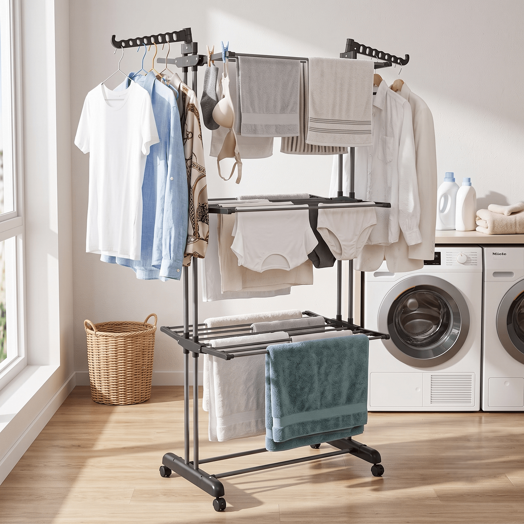 TEMU Airer Clothes Drying Rack, 4-tier Grey Foldable Clothes Hanger Adjustable Large Stainless Steel Garment Laundry Racks For Indoor Outdoor With