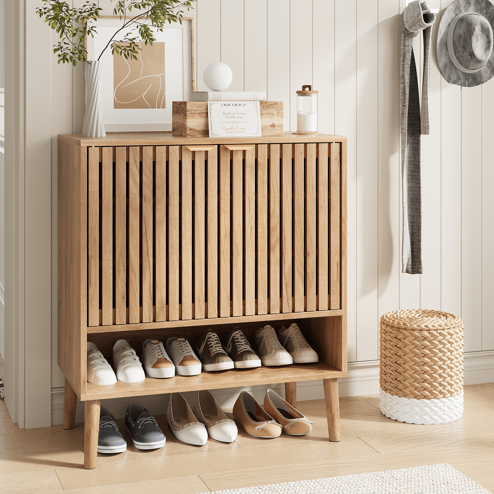 Image of Adjustable Shoe Cabinet With Removable Shelves, Wooden Shoe Rack For Hallway, Entryway, Living Room, 70 Cm Wide