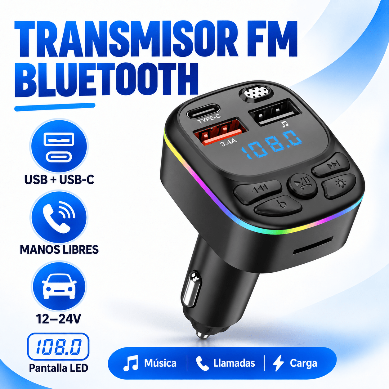 TEMU Cargador de coche con doble puerto USB/Type-C de carga rápida, Carga rápida PD de 20 W.compatible con carga rápida y con función de transmisión