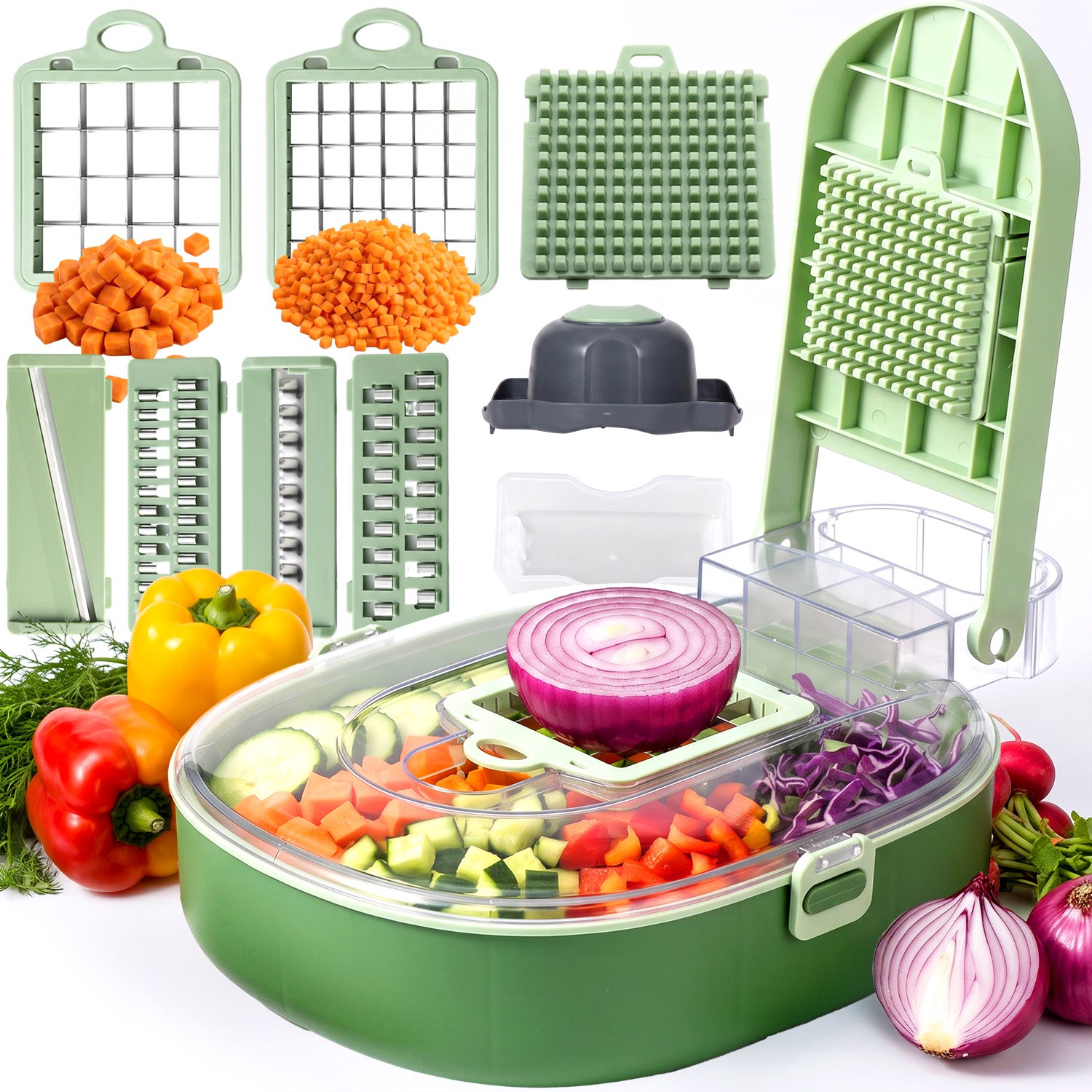 TEMU Multifunctional Manual Vegetable Cutter 14 In 1 With Container And Colander, Cube Cutter, Slicer And Mandoline For Vegetables, Manual Grater,