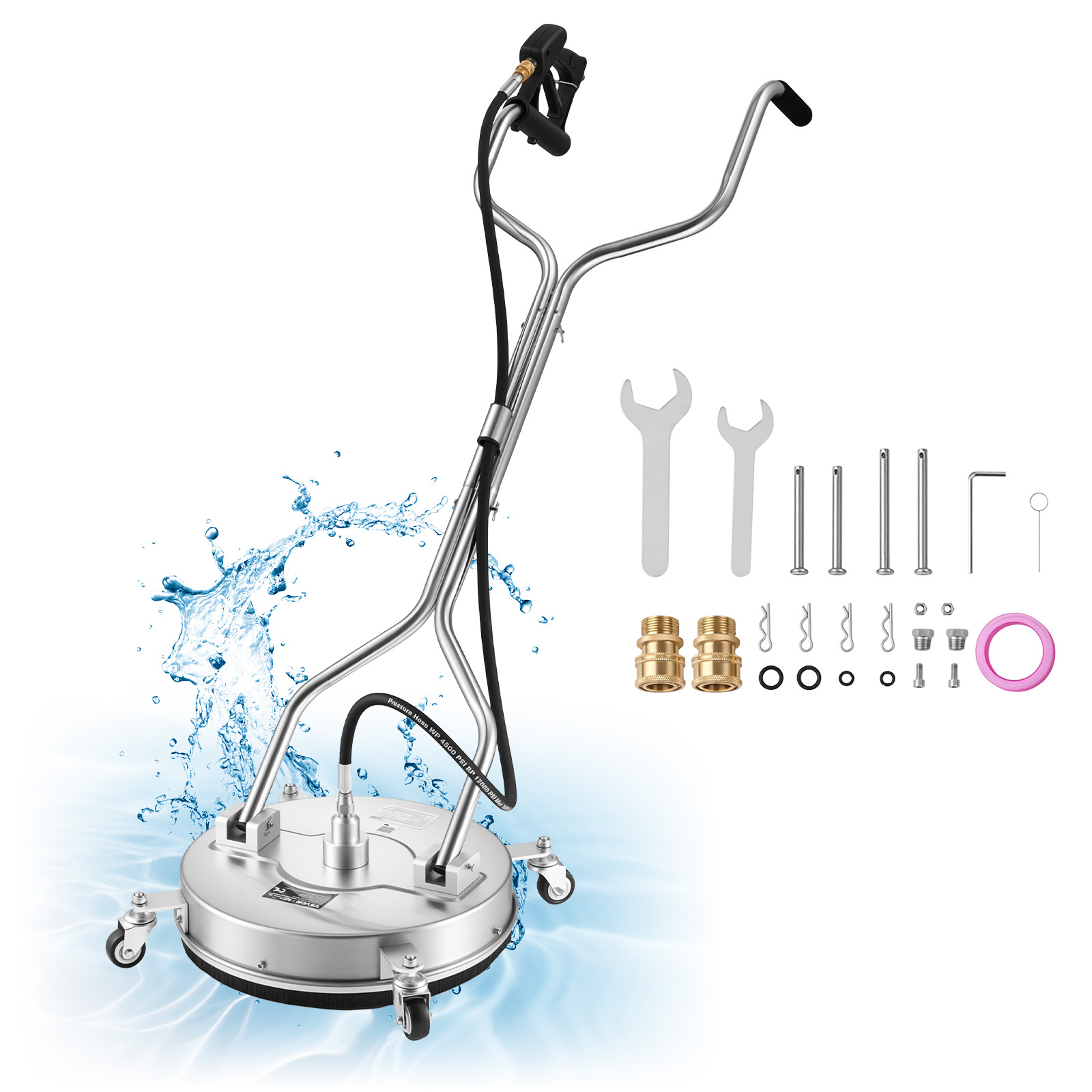 Image of 16.5" Pressure Washer Surface Cleaner, Raised Handle, Stainless Steel, Power Washer Attachment With Wheels For Concrete, Patio, Sidewalk, Deck, Driveway, Floor, 4000 Max Psi, 3/8 Quick Connector
