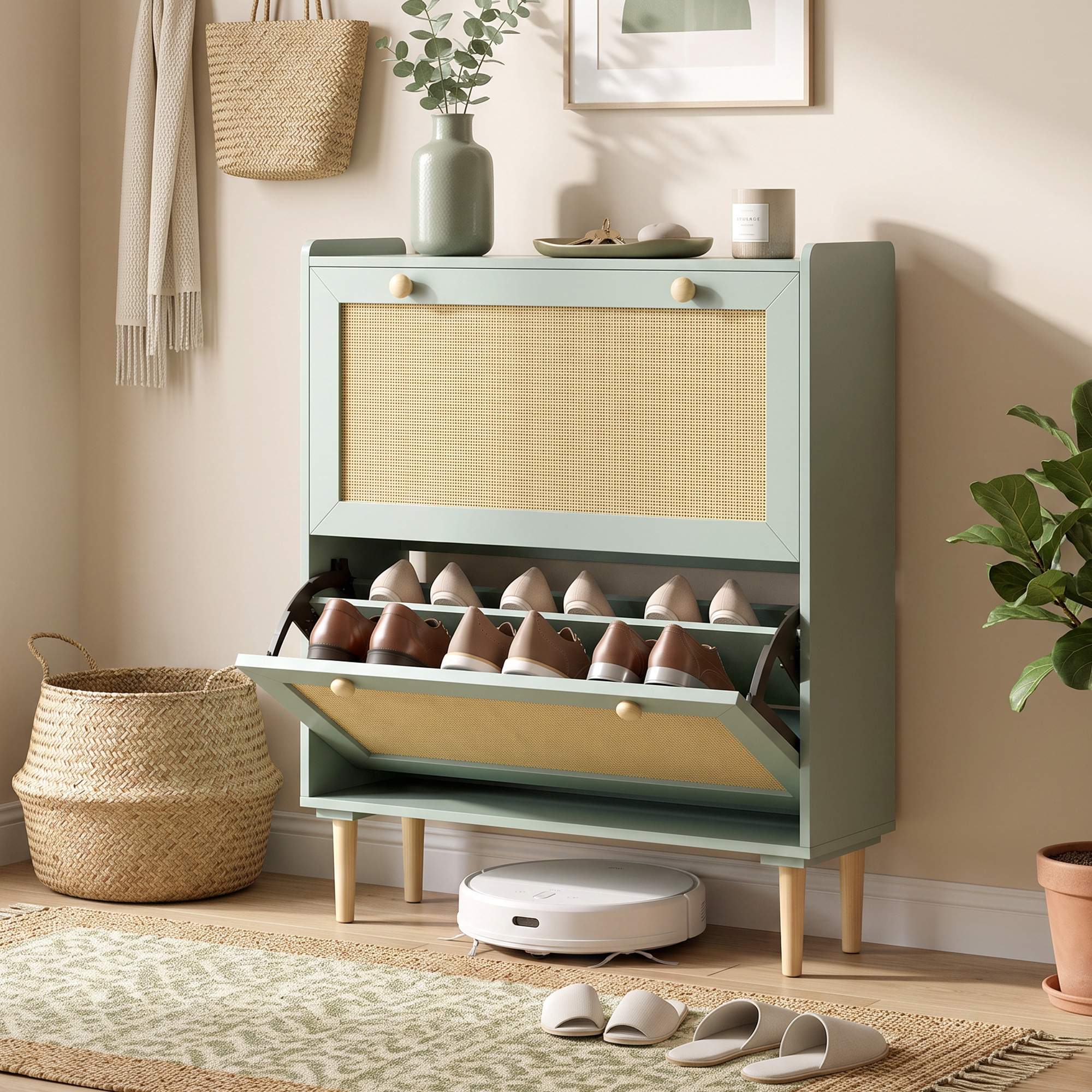 Image of Shoe Cabinet With 2 Flaps, Narrow Shoe Rack With Rattan Look, Adjustable Dividers, For 12 Pairs Of Shoes, Shoe Storage For Hallway Entryway, 80 X 26 X 101 Cm, Light Green
