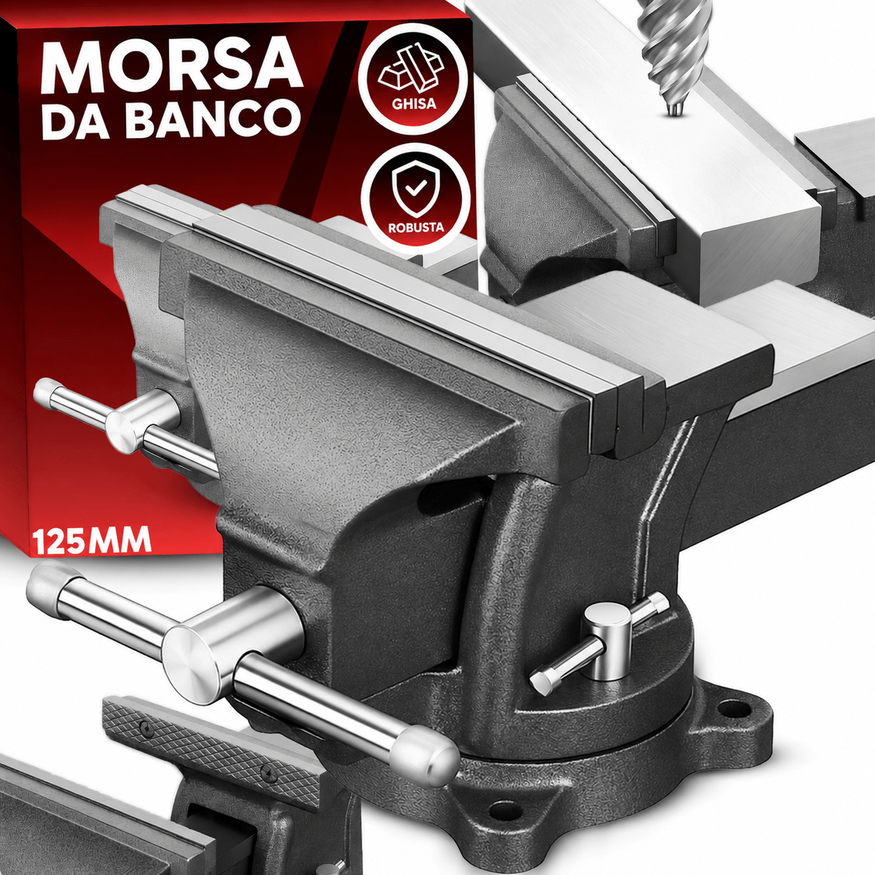 TEMU MORSA DA GIREVOLE 360簞 IN FERRO E ACCIAIO, FINO A 125 MM, ALTEZZA 12,5 CM, LARGHEZZA GANASCE 20 CM, PESO 5 KG, CORPO PER REGOLARE LA POSIZIONE