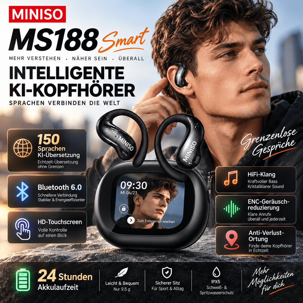Image of Real-time Ai Translation Earbuds Ms188, Touch Control Hd Screen, Support 150 Languages, Audio Bluetooth Earphones With All Day Battery For Travel Trade Study