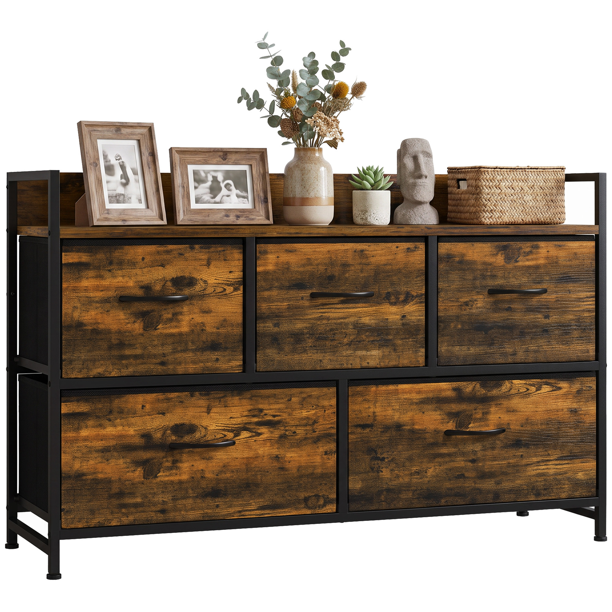 TEMU Mueble Organizador Cajonera de Tela con Cajones Plegables Estante Abierto y de Acero Estilo Industrial para Salón Recibidor Dormitorio 98x29x63