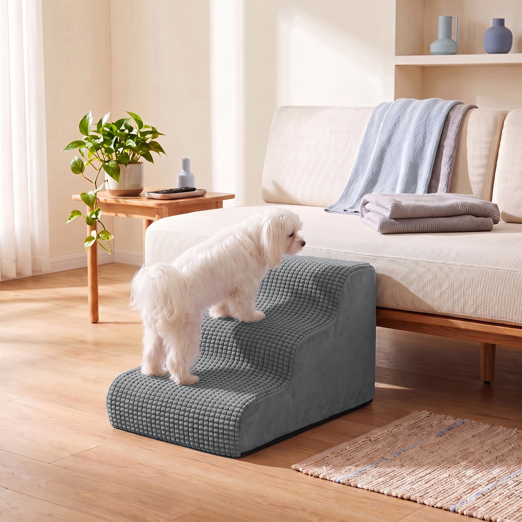 TEMU Escalier pour Chien et Chat Rampe Antidérapante en Mousse pour Canapé et Lit 57 x 40 x 40 cm tourterelle