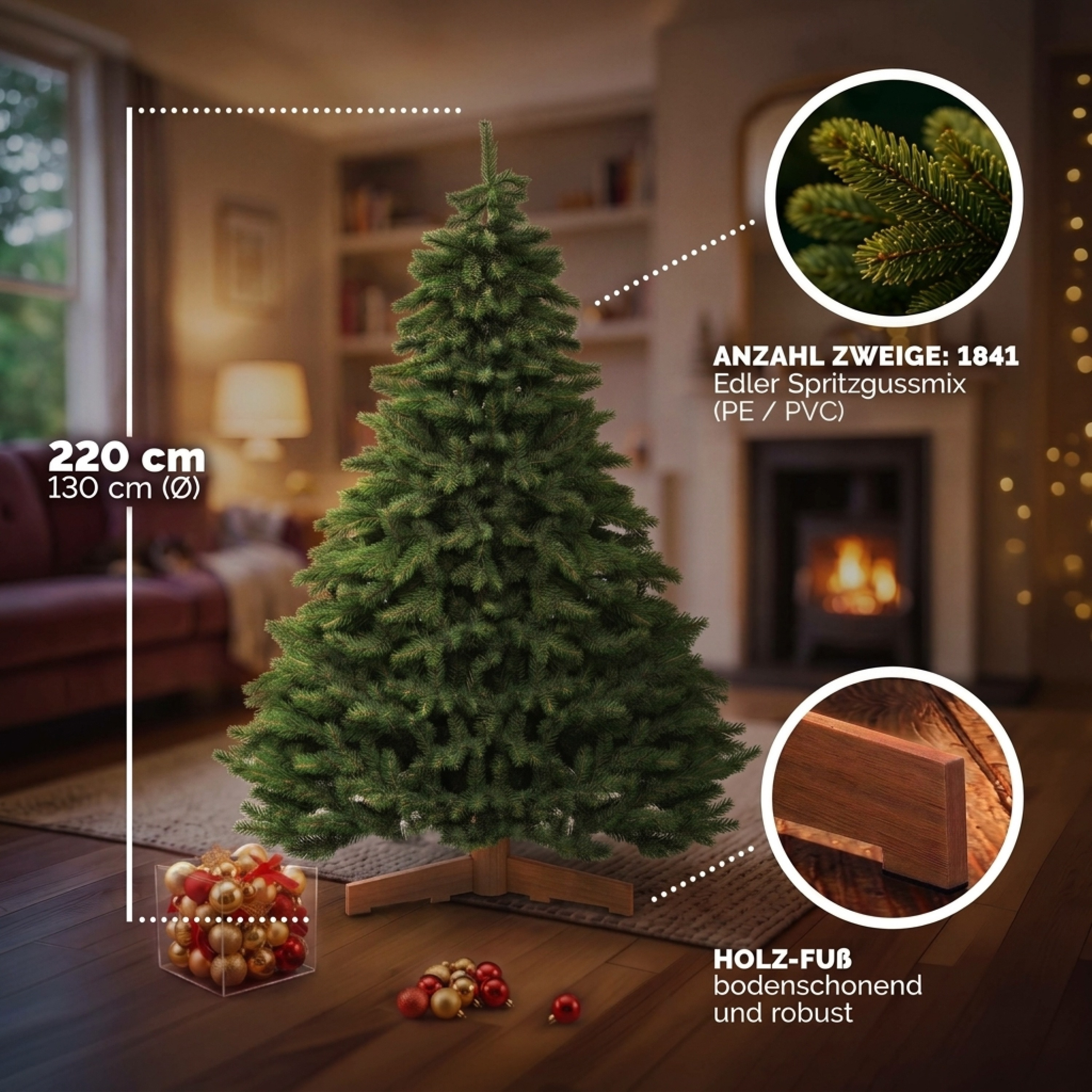 Image of Artificial Xxl Christmas Tree 220cm, Lifelike Tips, Pvc, Sturdy, Wooden Stand, , Christmas, Easy Assembly
