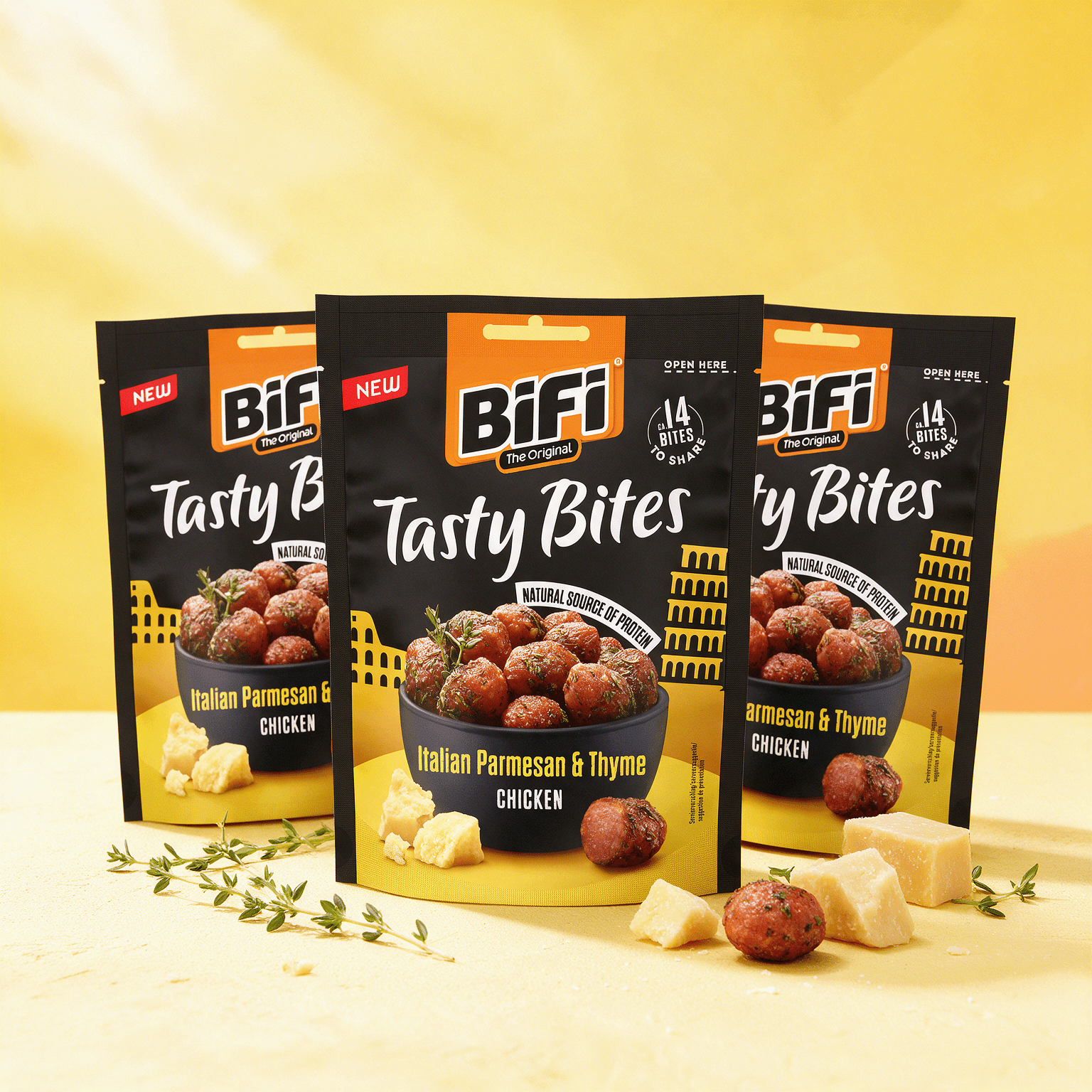Image of 3-pack - Bifi Tasty Bites Italian Parmesan & Thyme Chicken - Chicken Meat Snack With Parmesan And Thyme 3x50g