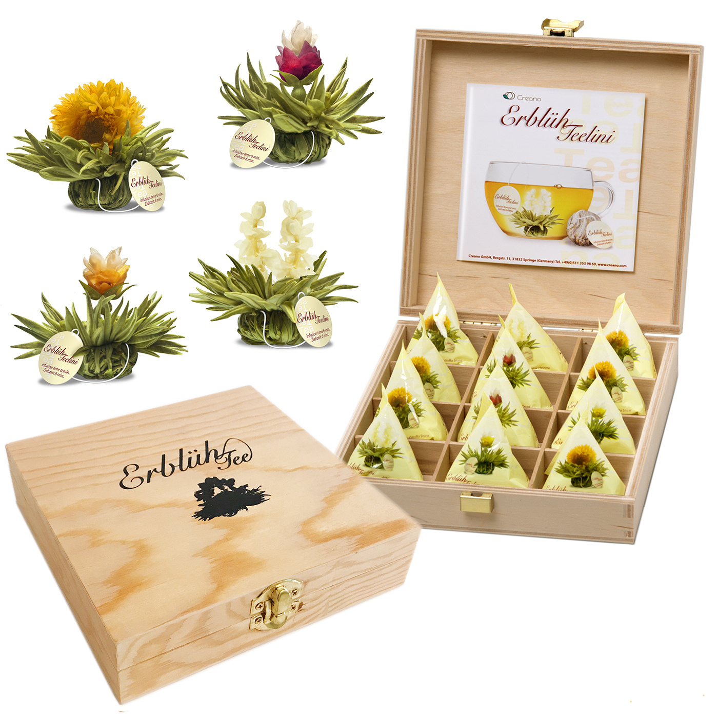 Image of Creano Teelini Tea Flowers In Cup Shape - Gift Set In Wooden Tea Box - 12 Reblooming Teelini In 4 Varieties - White Tea, Gift For Women, Mother, Tea Lovers
