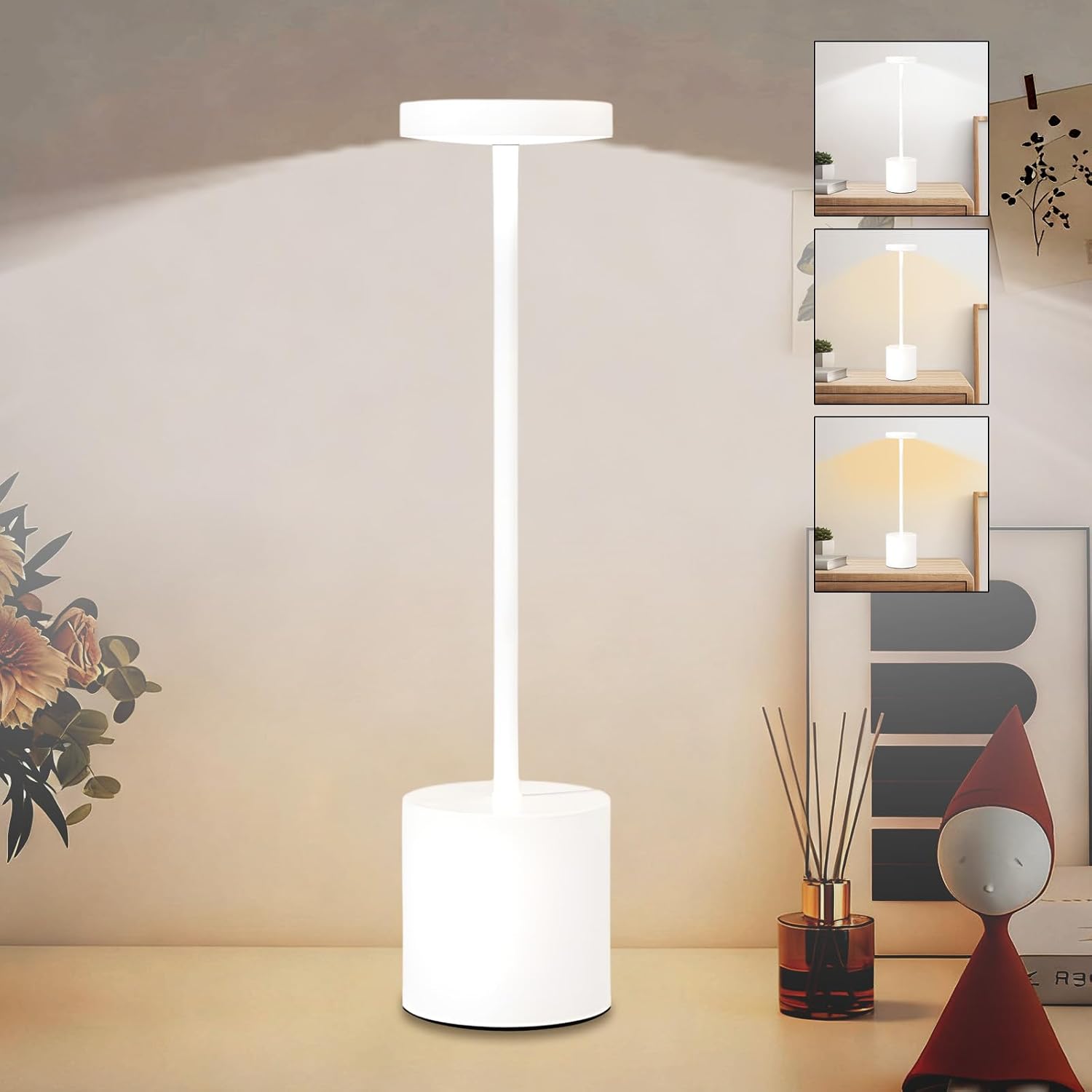 TEMU Lámpara LED inalámbrica táctil recargable, tricolor, ajustable, para mesitas de noche, comedor, exterior, color