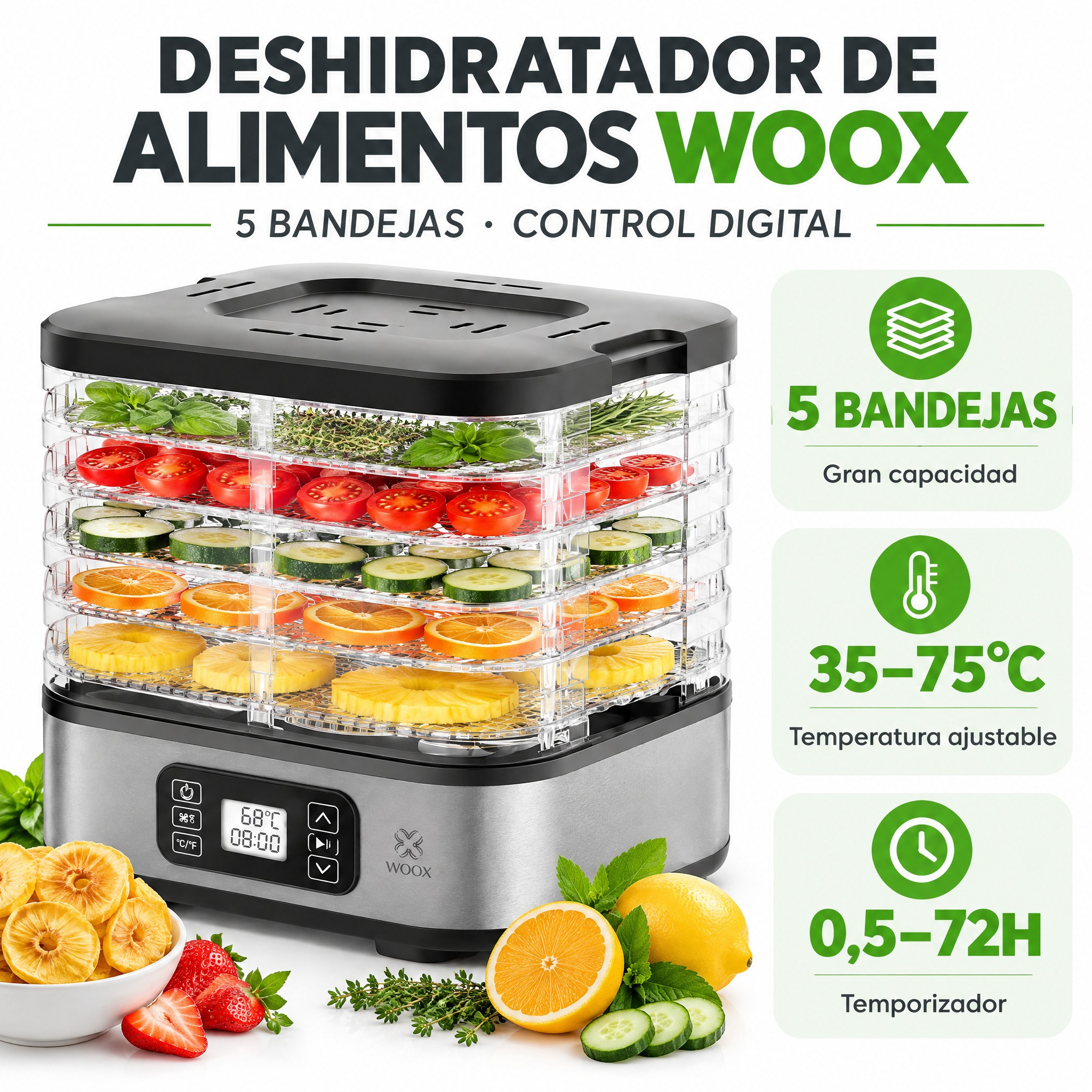 TEMU Deshidratador de Alimentos 240W, 5 Bandejas Sin BPA, Precisá 35-75°C, Temporizador 72H, Pantalla Digital - para Amantes de Sana