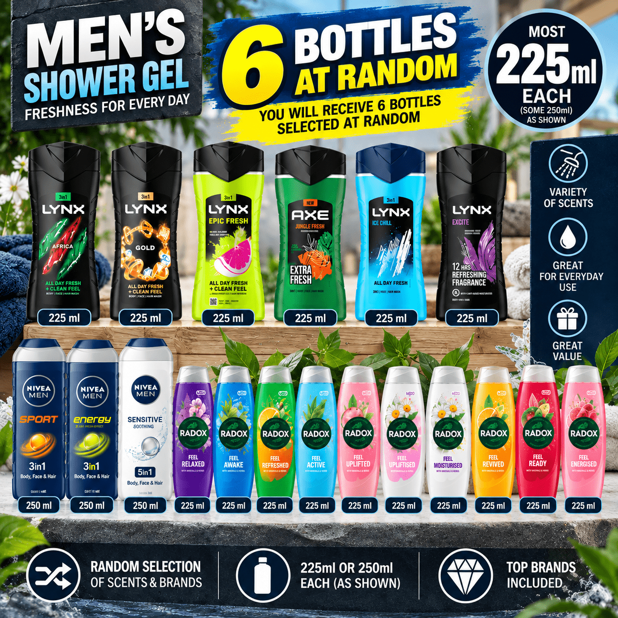 TEMU Men's Shower Gel Multipack – 6 Bottles At Random – Lynx, Nivea Men & Radox – Mixed Scents – 225ml