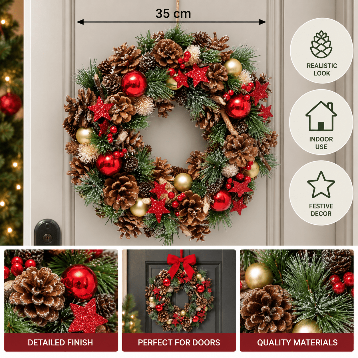 TEMU Corona de Navidad Artificial Redonda de 35 cm con Piñas, Bolas y Doradas, Estrellas y Follaje Decorativo para Puerta y Decoración de Interiores