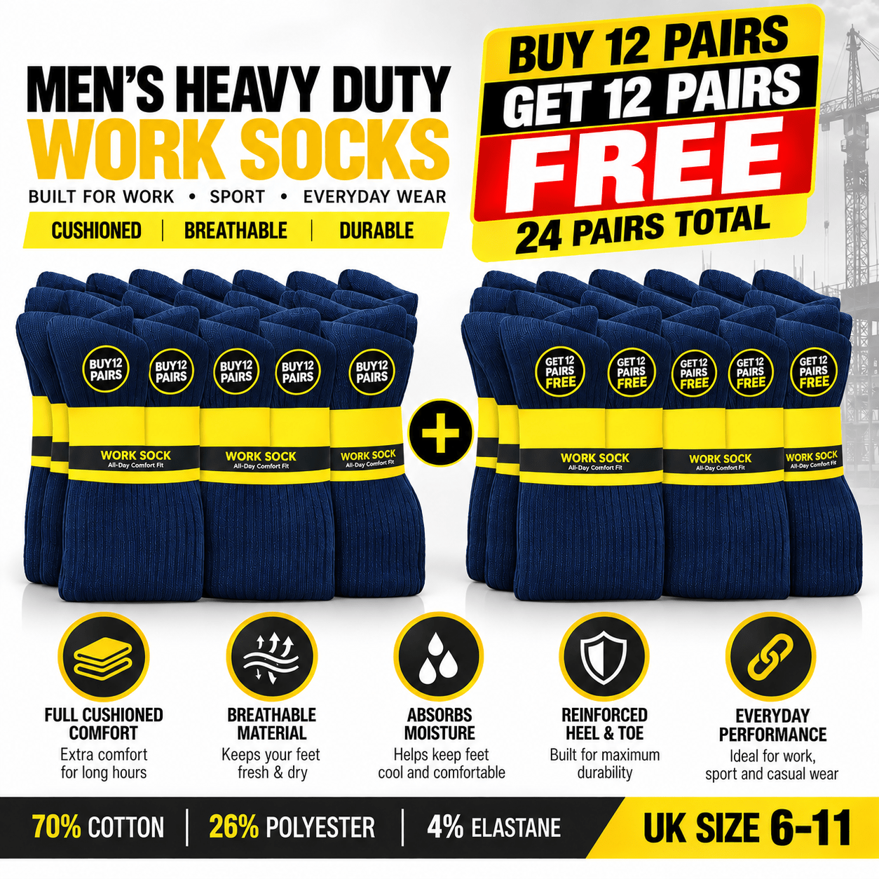 TEMU Men's Heavy Duty Work Socks Buy 12 Get Full Cushioned Crew Socks Breathable Moisture Absorbing Uk Size 6-11