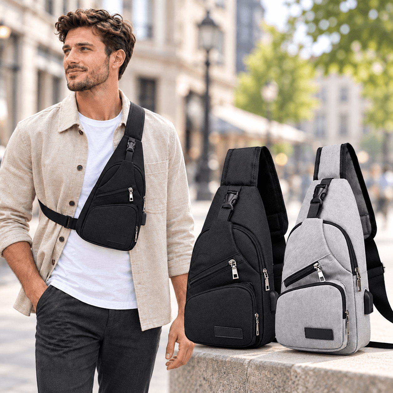 Image of Men's Chest Crossbody Bag – Lightweight Sling Bag With Multiple Zippered Compartments And Adjustable Shoulder Strap, 33 × 16 × 7 Cm, For Everyday, Travel, And Outdoor Use