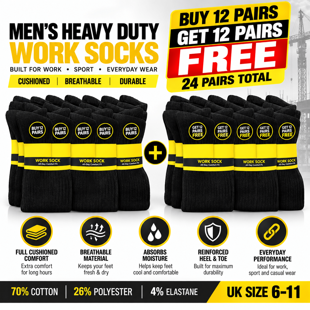 TEMU Men's Heavy Duty Work Socks Buy 12 Get Full Cushioned Crew Socks Breathable Moisture Absorbing Uk Size 6-11