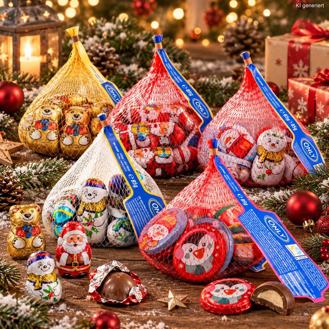 Image of Only Christmas Chocolate Set – 5 Nets With 48 Milk Chocolate Figures, 415 G – Snowmen, Gummy Bears, Santa Clauses, Christmas Figures & Christmas Thalers – Christmas Candies