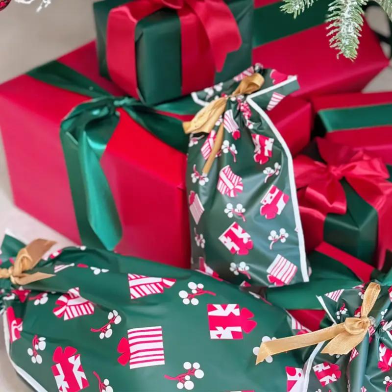 TEMU 30pcs Christmas Drawstring Gift Bags With Ribbon - Green & Party Favor Bags, 3 Sizes For Candy, Trinkets, Party Decorations - Durable Paper
