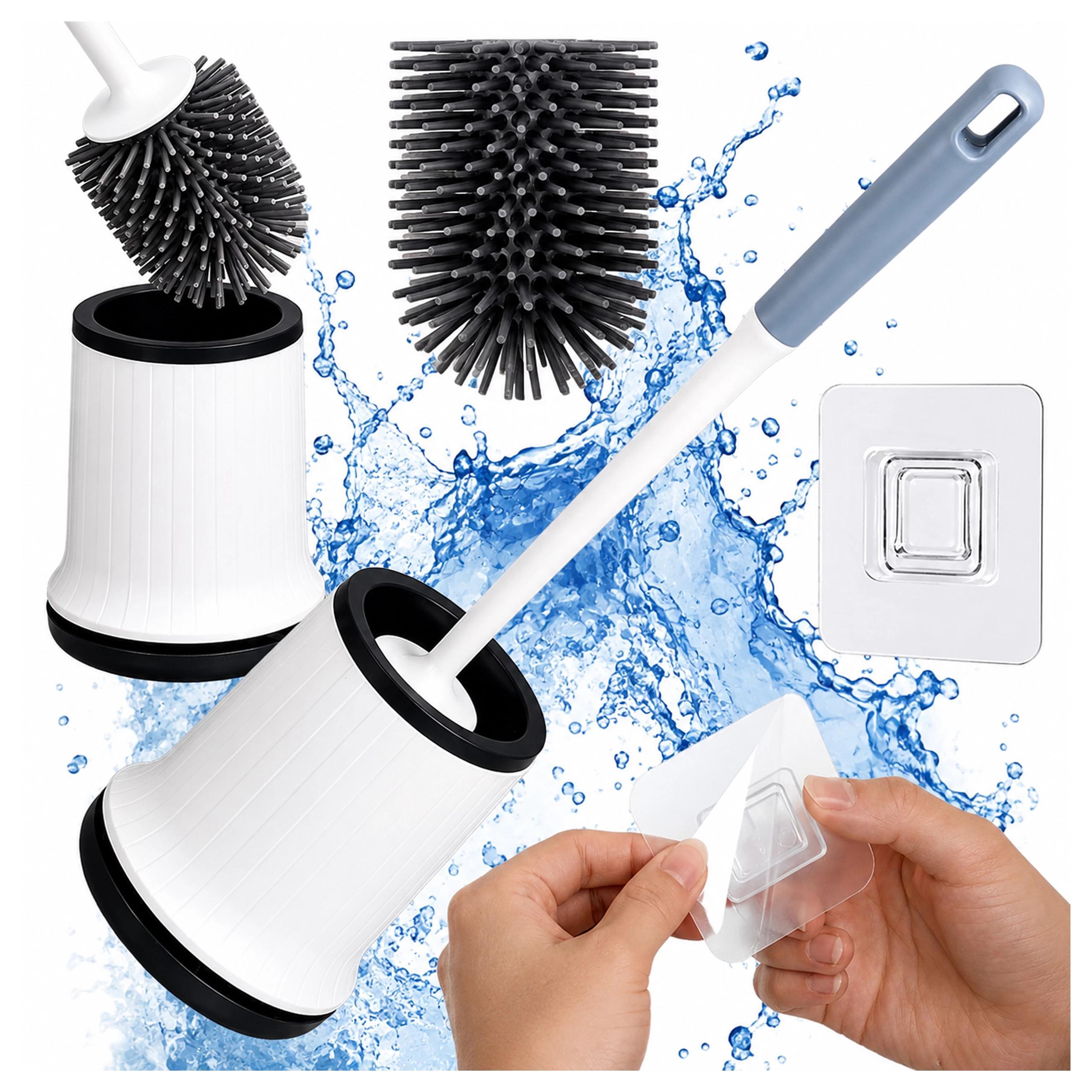 Image of Silicone Toilet Brush With Holder, White, Hanging, Bathroom, Elastic Toilet Cleaning Brush With Handle, Compact, Hygienic For Bathroom, Home, Apartment, Office, Hotel.