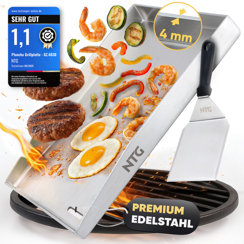 Image of - Grill Plate Made Of 4mm Stainless Steel [40 X 30cm] - Plancha With Fat Drainage And Grill Spatula - For Gas & Charcoal Grill - Stable Grill Accessories
