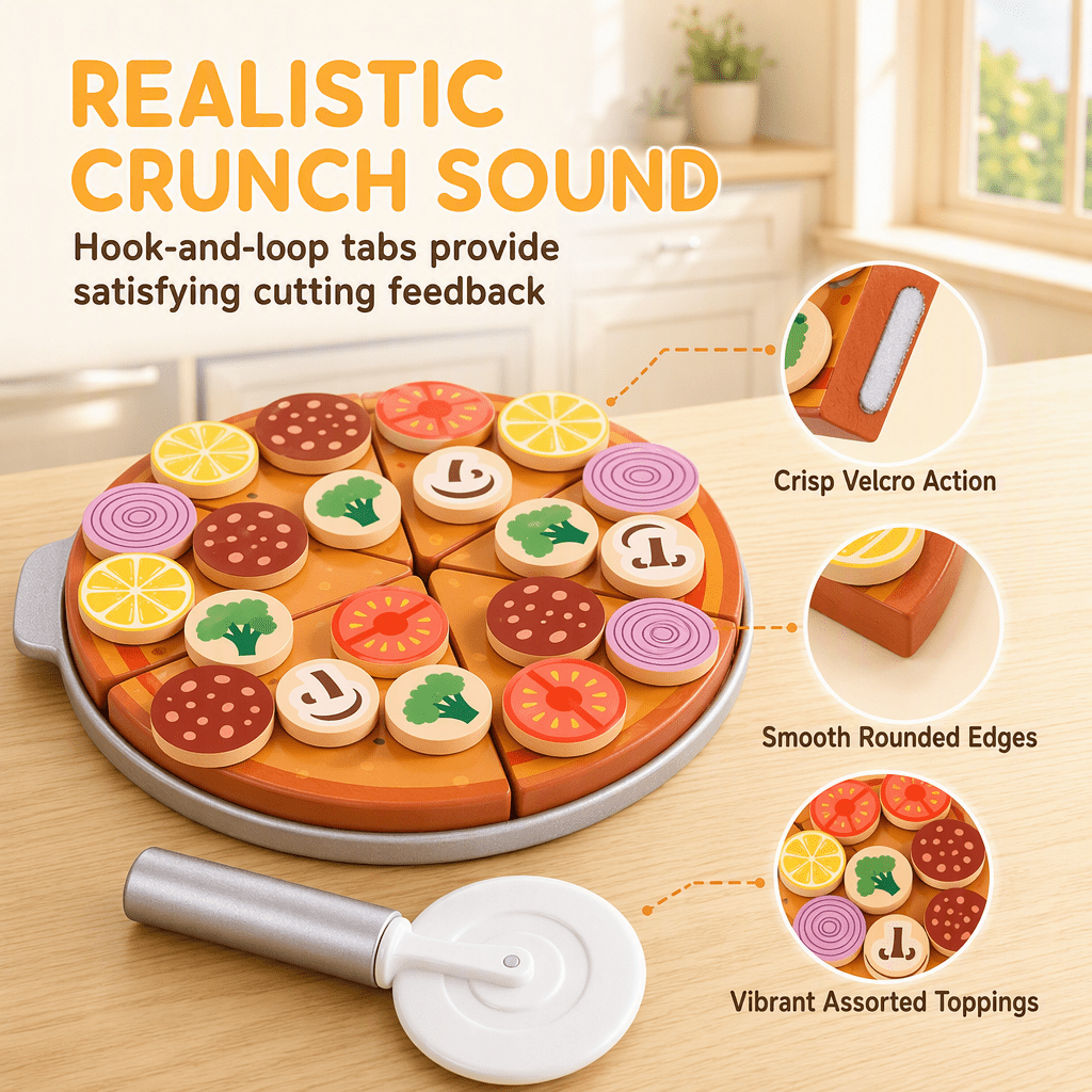 Image of Wooden Pizza Toy Set, Kids Pretend Play Kitchen Accessories, Toy Food Pizza With Chopping Board & Pizza Cutter, Educational Play Food Toy, Gift For Boys Girls