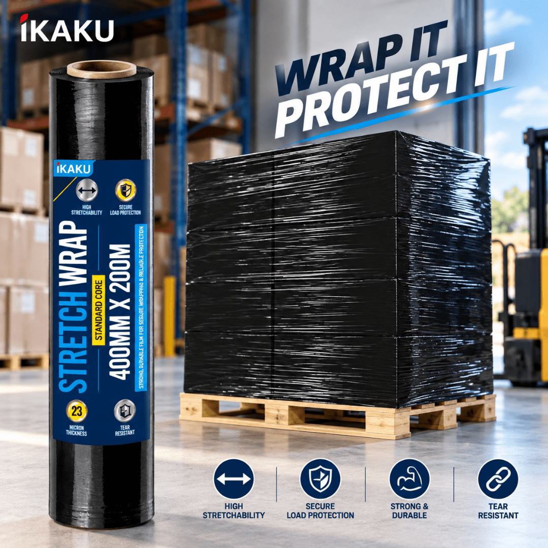 TEMU Ikaku Black Stretch Wrap 400mm X 200m – 1 Roll Pallet Wrapping Film For Moving, Storage, Packing, Shipping & Warehouse Use