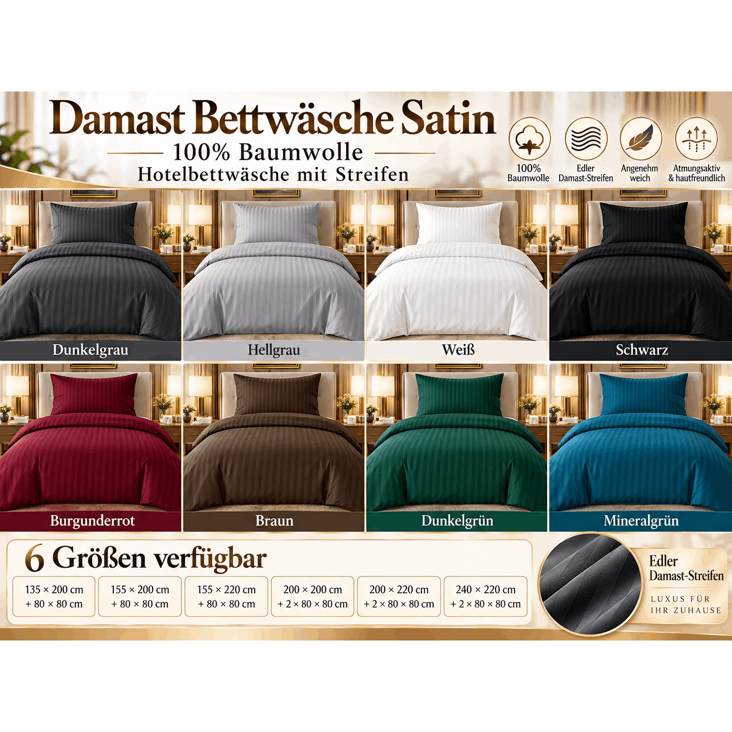 Image of Damask Satin Bedding Set 100% Cotton Hotel Bed Linen With Stripes – Soft, Breathable, Skin-friendly, Zipper Closure, 6 Sizes & 8 Colors