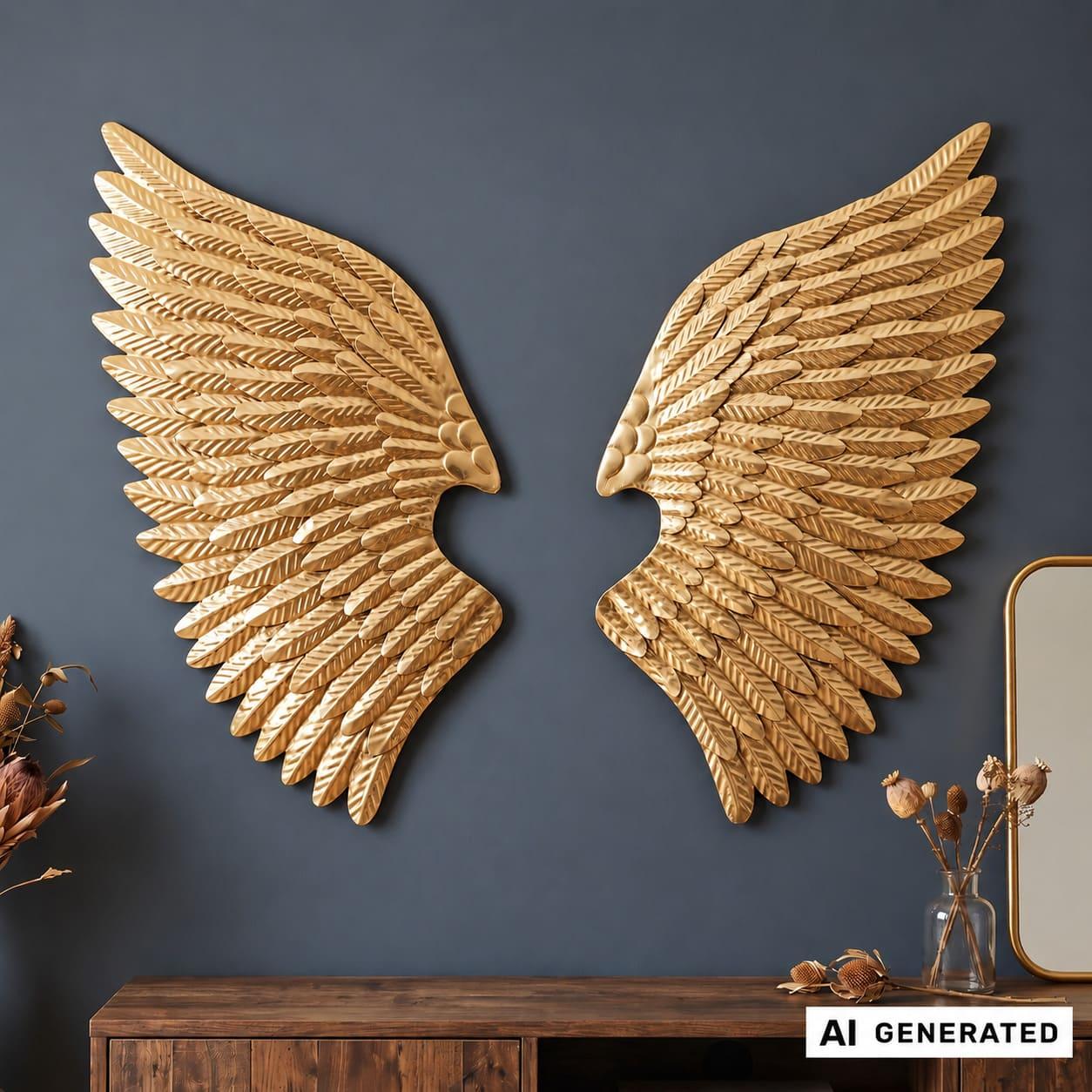 Image of Wing Metal Wall Decoration "wings" In Golden, 2pcs Of Wings, 72 Cm High, Metal Decoration For Living Room Wall