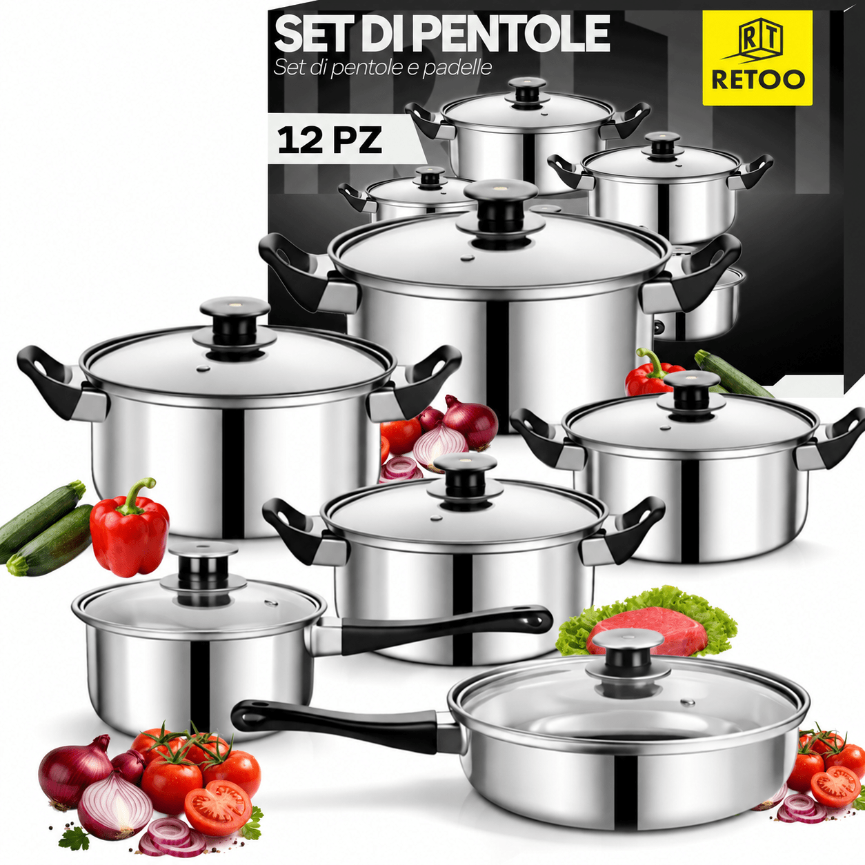 TEMU Stainless Steel Cookware Set With Frying Pan, Saucepan, And Glass Lids, Kitchen Set For Cooking, Frying, And , Sizes, Steam Vent Lids, Insulated