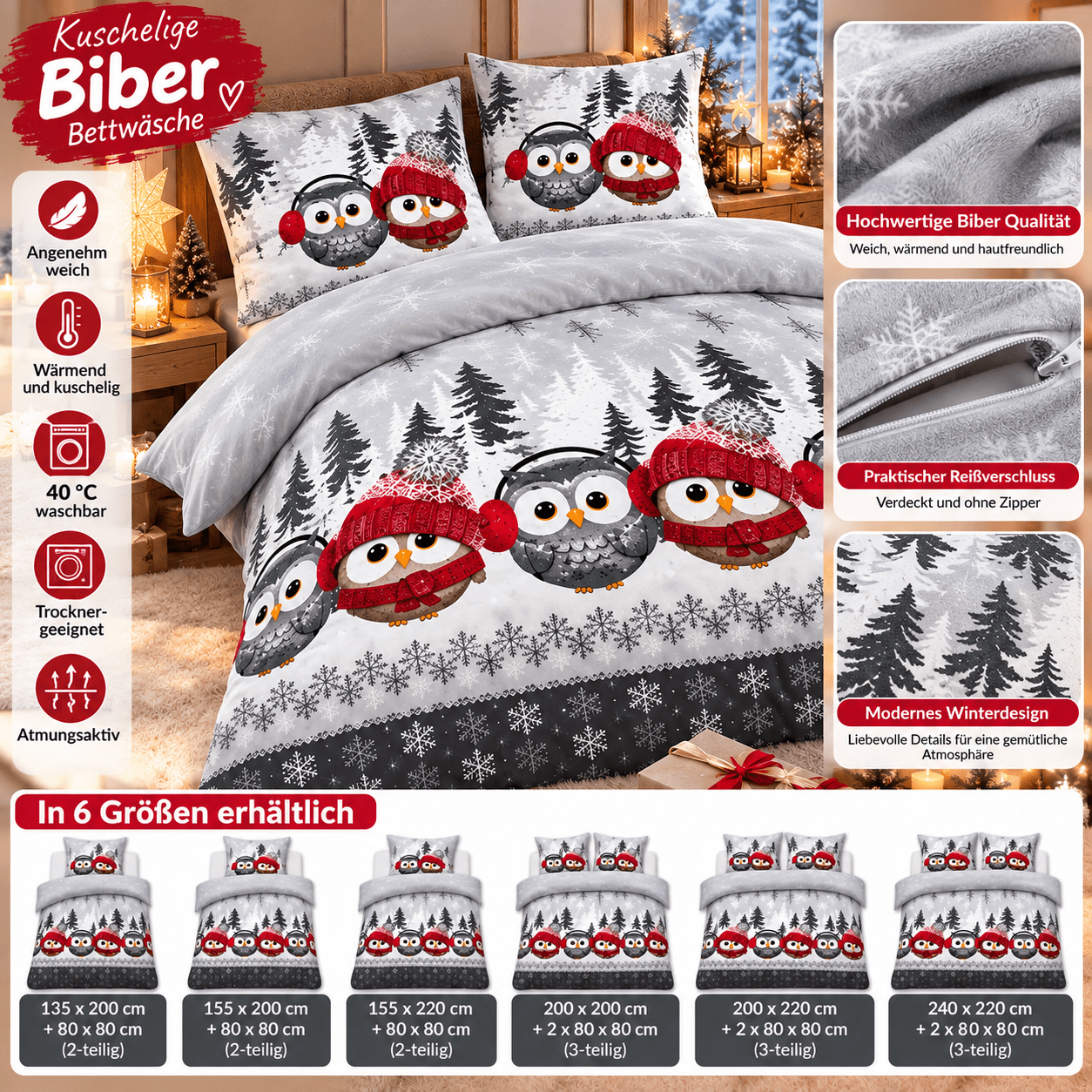 Image of Beaver Bedding Winter Snowflakes Grey Red Warm Winter Bedding With Zipper 6 Sizes 135x200 To 240x220 Cm