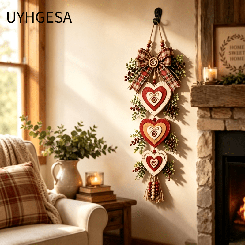 TEMU Christmas Heart Hanging Wall Decor, Wood Hanger With Bow, And Wooden Beads, 63cm Farmhouse Heart Ornament For Front Door, Fireplace & Home Wall