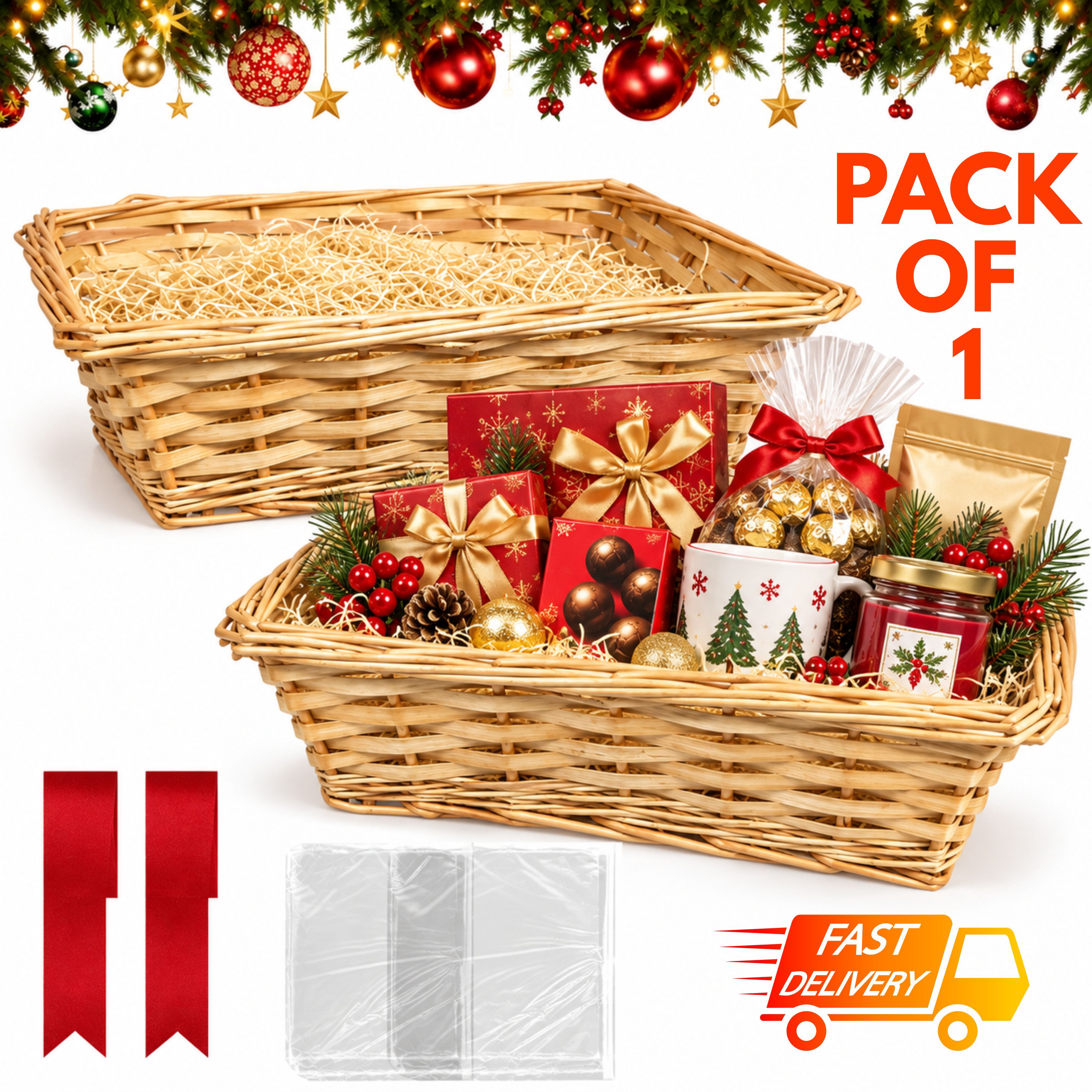 TEMU Duchessway Wicker Gift Hamper Baskets With Cellophane Wrap, Red Bows & Shredded Paper, 30 X 23 X 10cm Empty Diy Gift Basket Kit, Create Your Own