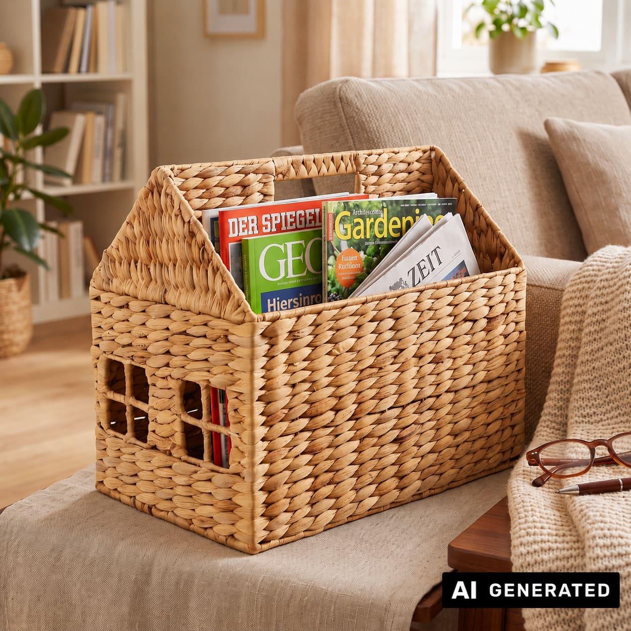 Image of Newspaper Stand "house" Woven From Water Hyacinth, Natural, 36x22x30 Cm, Magazine Collector, Staircase Basket.