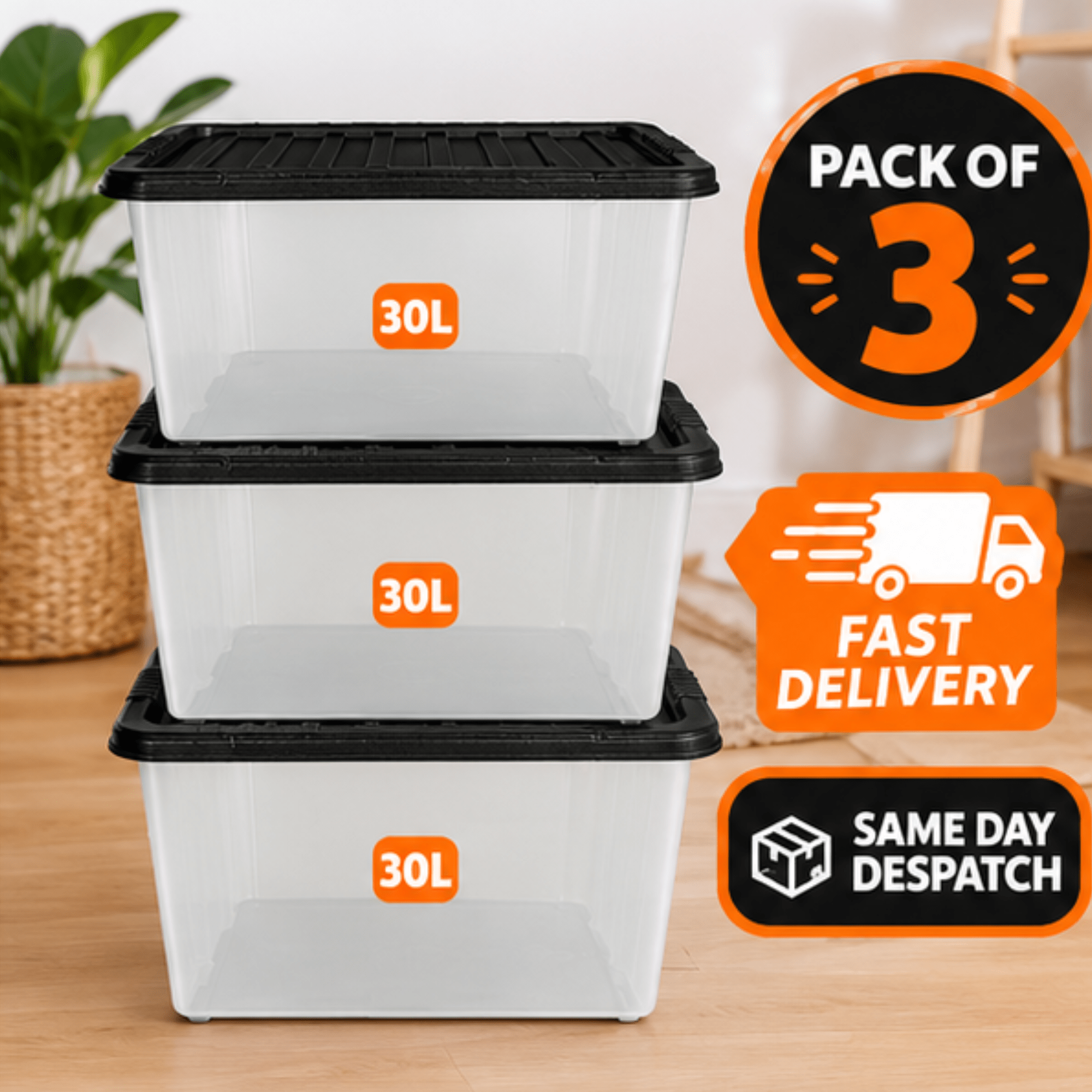 TEMU 30l Storage Boxes With Lids – Pack Of 3 Clear Plastic Storage Containers With Black Lids, Stackable Storage Bins For Home, Garage, Office &