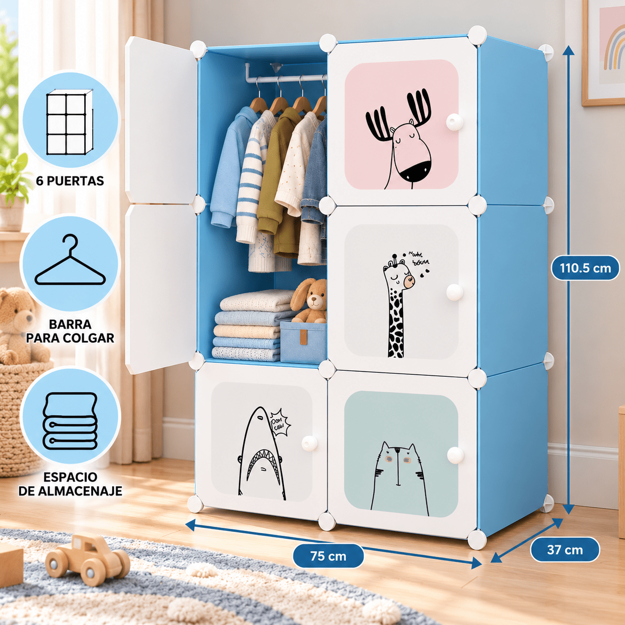 TEMU Armario Modular Azul de 6 Puertas con Barra para Colgar y Compartimentos de Almacenaje – Organizador de Ropa 110,5 x 75 x 37 cm, Fácil Montaje
