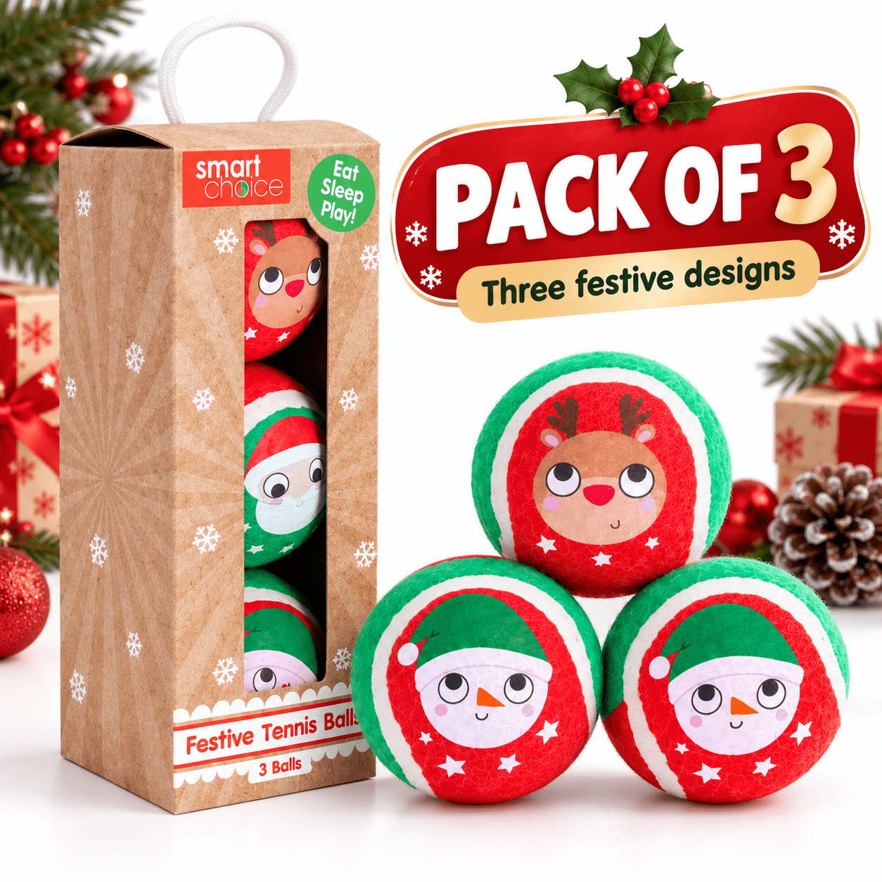 TEMU 3 Pack Festive Dog Tennis Balls, 6cm Christmas Tennis Balls For Training