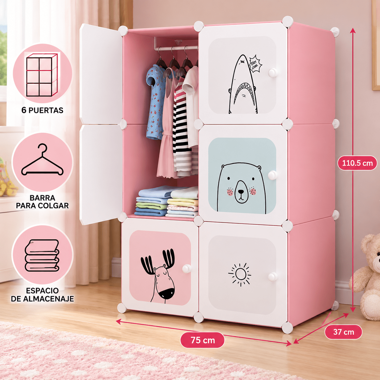 TEMU Armario Modular Rosa de 6 Puertas con Barra para Colgar y Compartimentos de Almacenaje – Organizador de Ropa 110,5 x 75 x 37 cm, Fácil Montaje