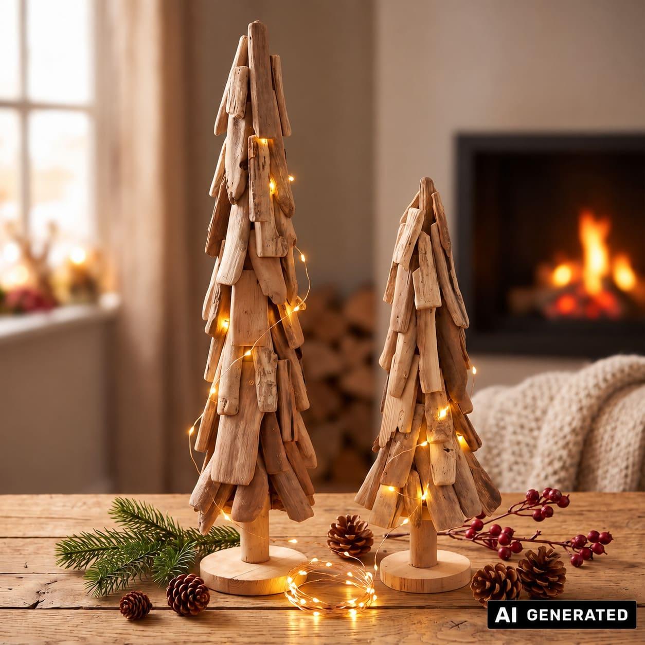 Image of 2x "wood" Recycled Wood Fir Trees, Natural, 58 + 78 Cm, Winter Decor, Christmas Tree Decoration