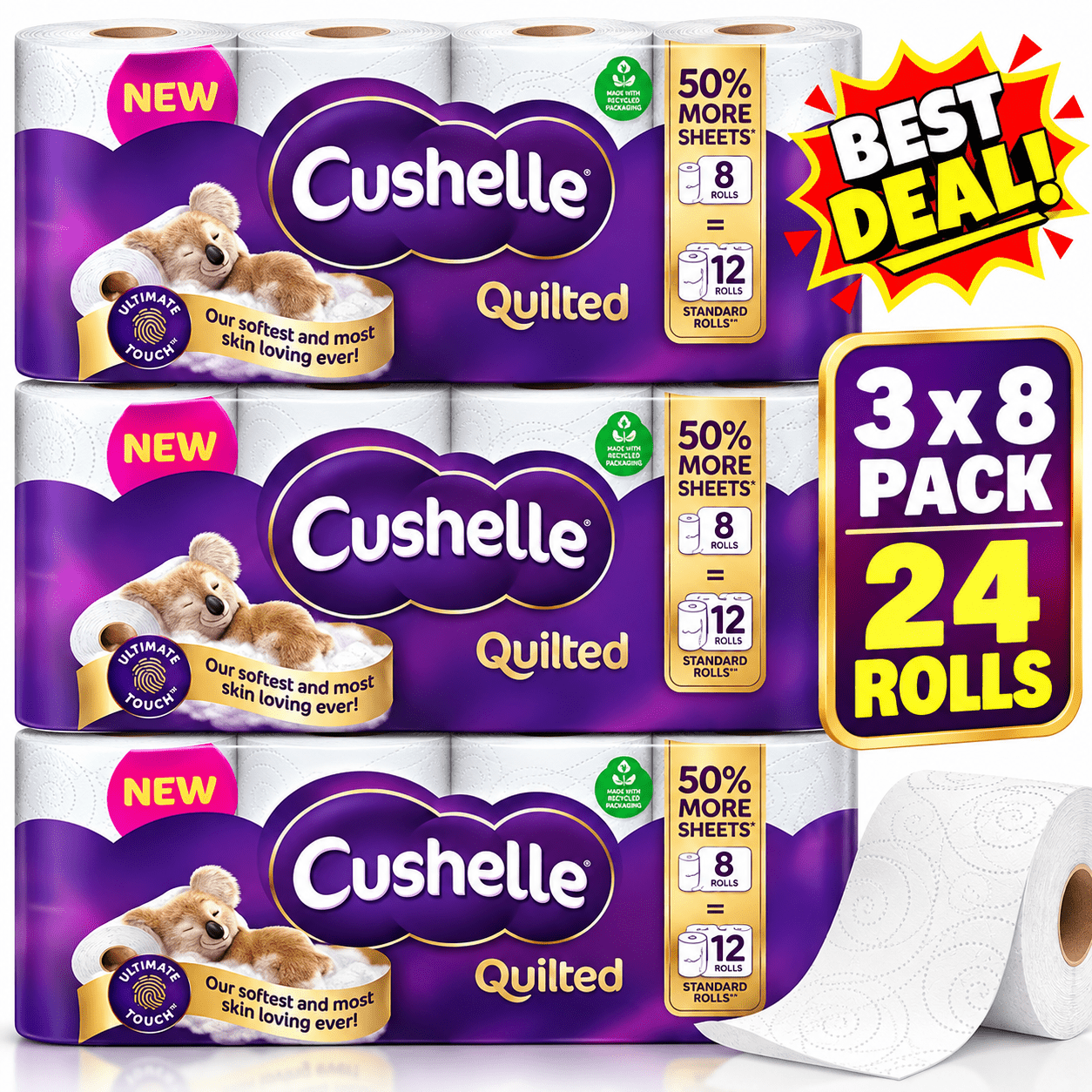 TEMU Cushelle Quilted 3-ply Rolls Toilet Tissue Pack Of 3 X 8 Pack