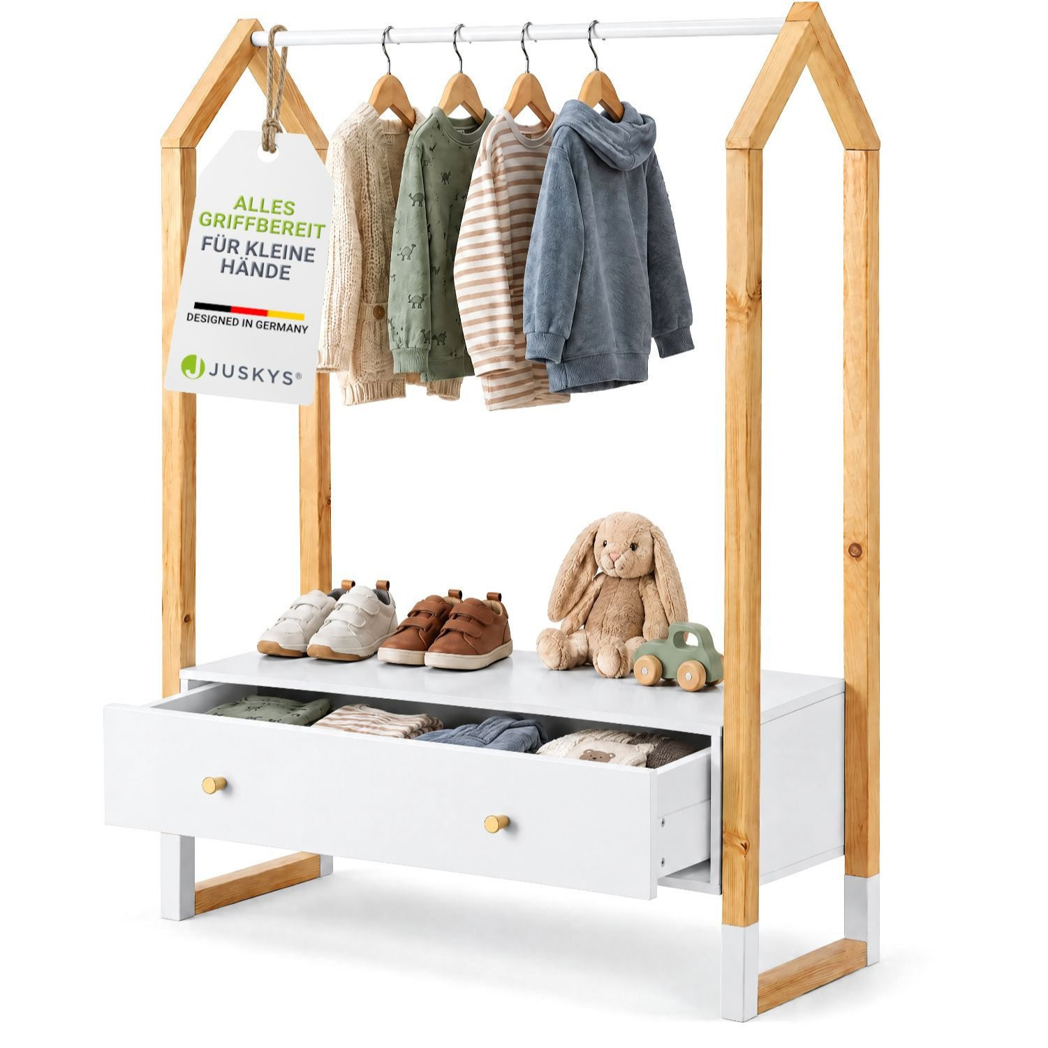 Image of Children's Clothes Rack Filla Large Drawer, Clothes Rail, Open Rack Children's Wardrobe Made Of Wood 's Wardrobe White